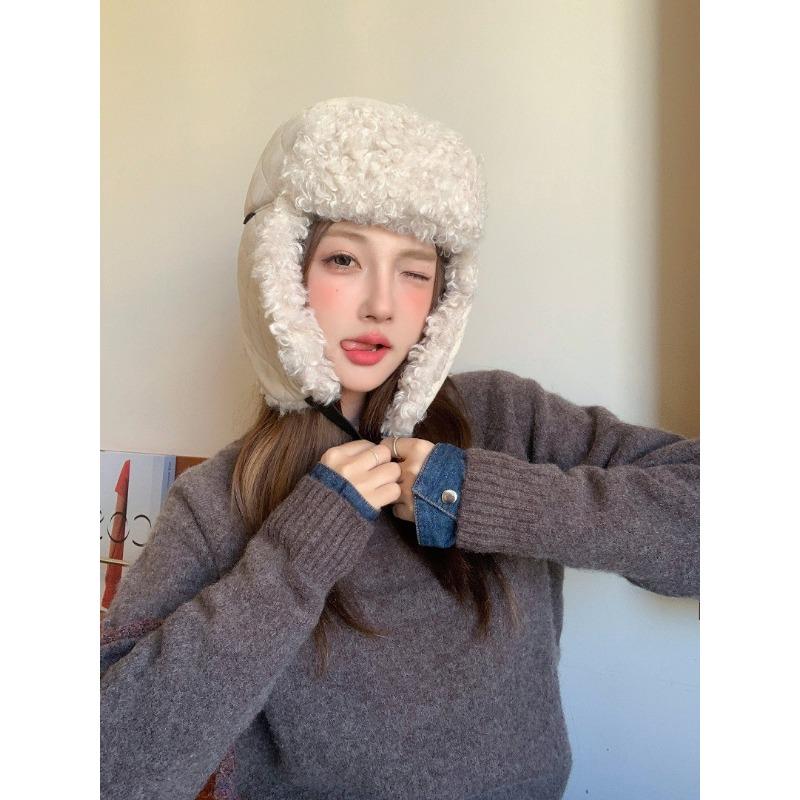 Women S Lamb Fur Earmuff Trapper Hat Warm Winter Casual Hat