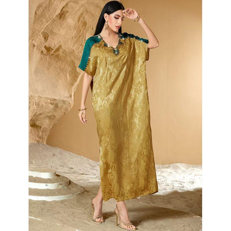 Middle East V-neck Handmade Beads Contrast Color Satin Stereo Jacquard Dress Handmade Beaded Dress