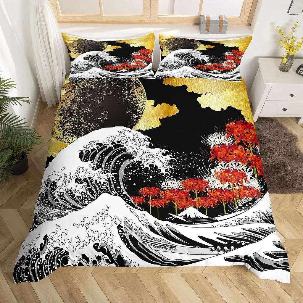 Japanese Ukiyo-E King Queen Duvet Cover Golden Fish Hokusai Bedding Set Crane Wave Quilt Cover Red Sun Polyester Comforter Cover