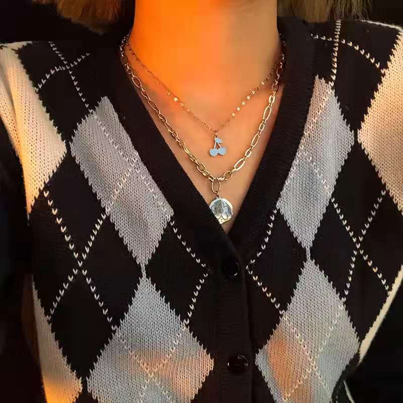 Cherry Flower Double Layer Simple Stacked Necklace Female Personality Design Sweater Chain Long Titanium Steel Clavicle Chain