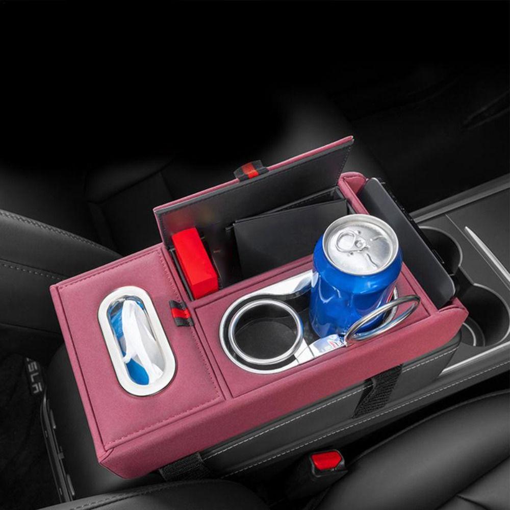 Double Cup Holder Car Armrest Cushion PU Leather Phone Storage Box Car Interior Tissue Box SUVs