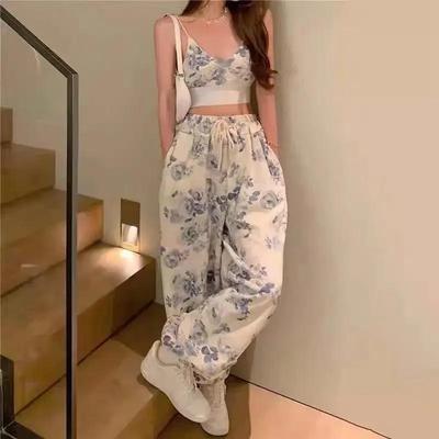 Korea 2-teilige Sets Damen Outfits Sommerkleidung Floral V-Ausschnitt Spaghetti-Träger Camisole und Kordelzug Elastischer Bund Hose