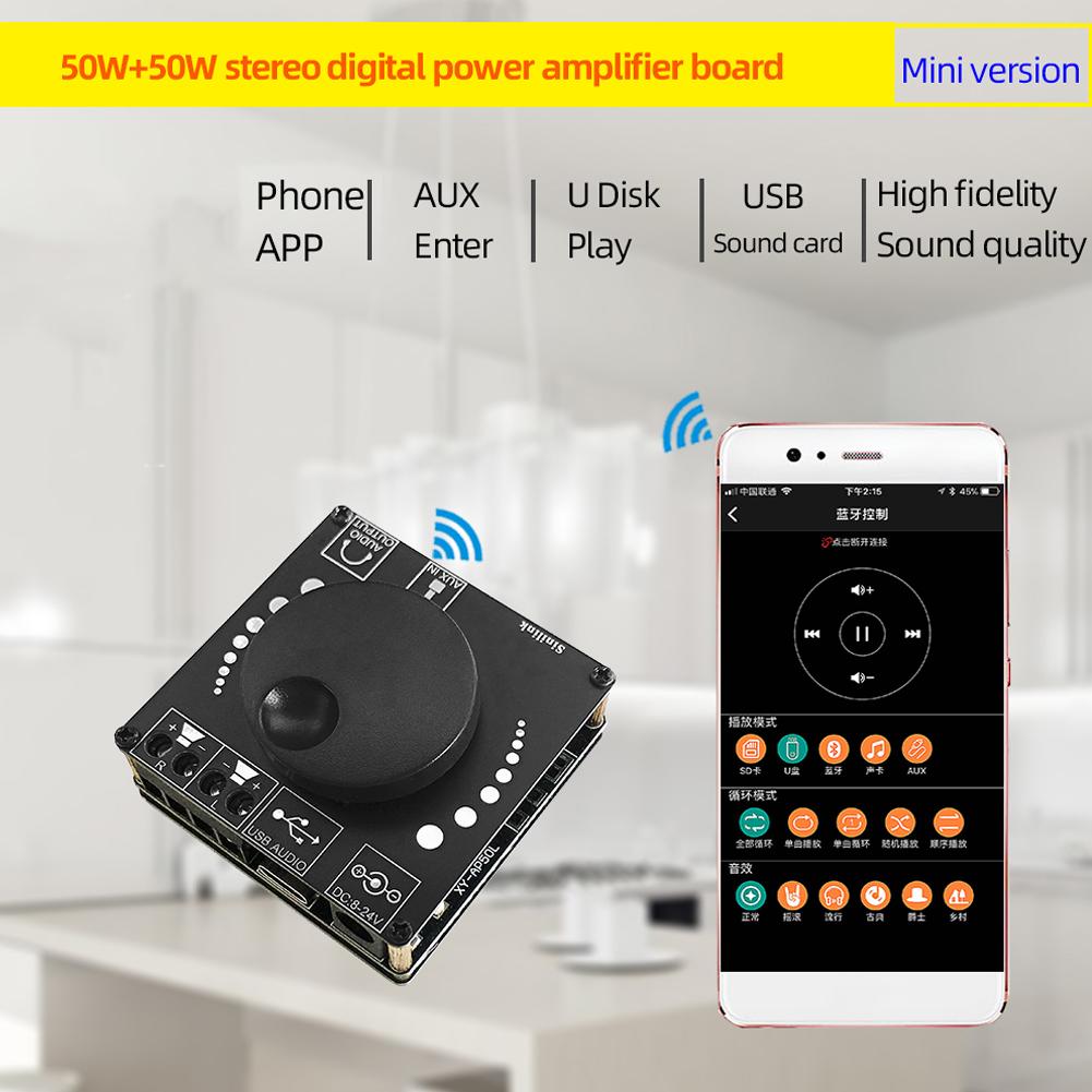 XY-AP50L Mini Bluetooth 5.0 50W+50W Dual Channel Audio Power Digital Amplifier Board Stereo Amplifier 3.5MM AUX USB APP
