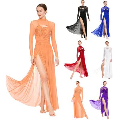 Traje de Dança Lírica Feminino Paetê Manga Longa Malha Tule Fluido Maxi Longo Vestido Cueca Embutida Roupa de Dança Moderna