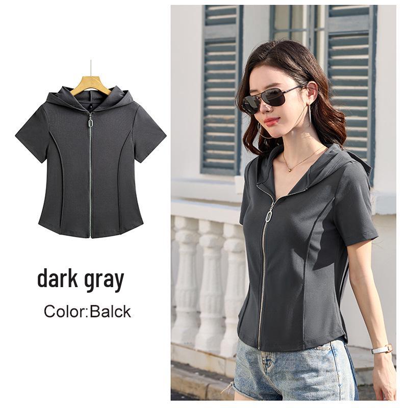 Women's Hooded Zipper Cardigan - 2026 Spring/Summer Cotton Cropped Short Sleeve Top