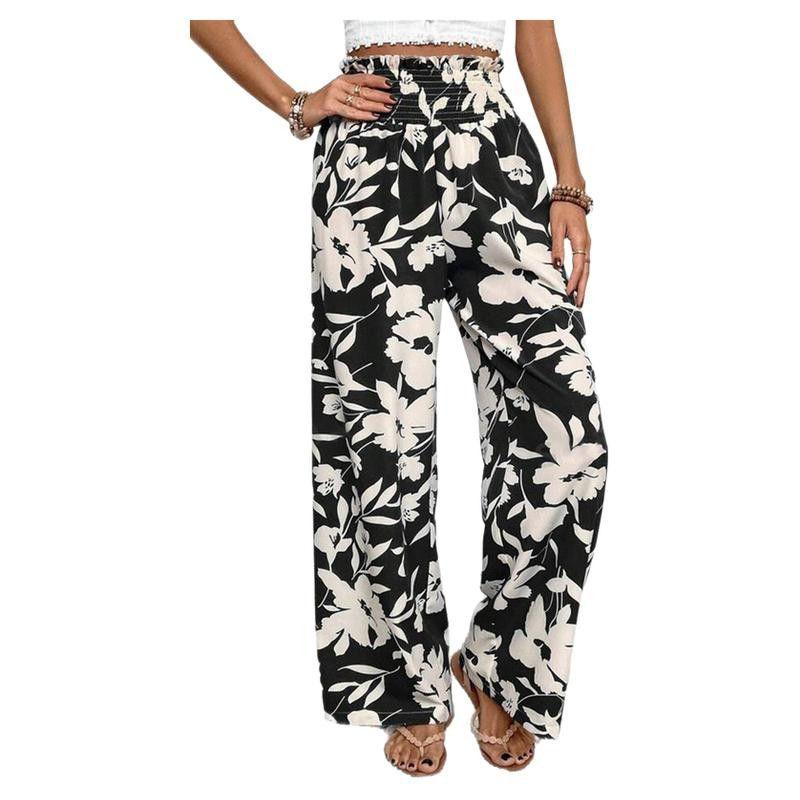 

US Shiying Florals Print High Waist Loose Pants Female 2025 Summer New Arrival Draping Effect Women s Casual Pants Black L code fits (62.50 kg-70.00 kg