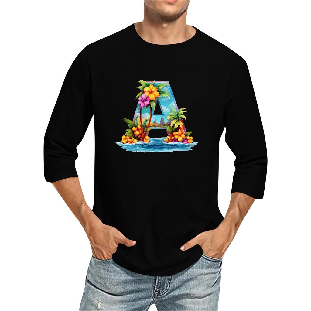 Camiseta de manga tres cuartos con cuello redondo y color liso para hombre