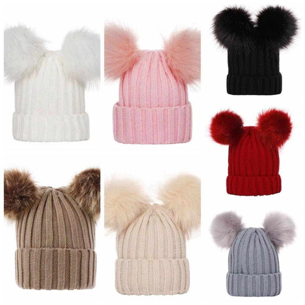 Faux Fur Ball Infant Beanie Plush Mother Kids Pullover Cap Soft Baby Knitted Hat Boys