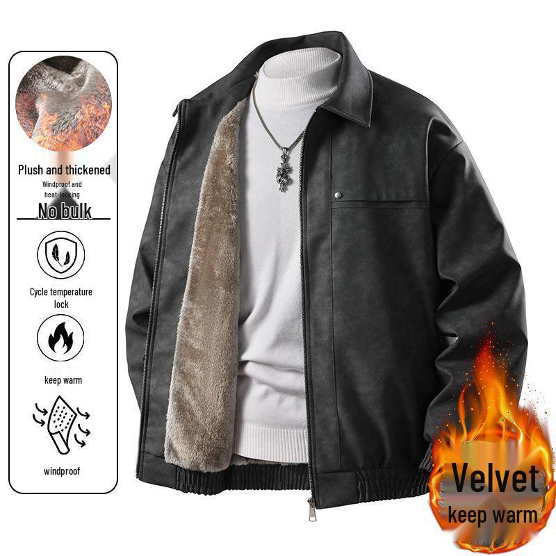 Men's Fleece-Lined Leather Jacket: Warm, Windproof, Versatile Winter Coat with Turn-Down Collar