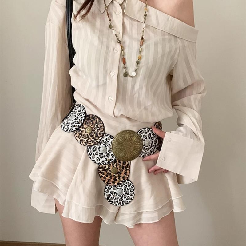 Stylish Leopard Wide Belt for Adult Western Waistband Ethnic PU Leather Embossing Buckle Waiststrap for Formal Dresses