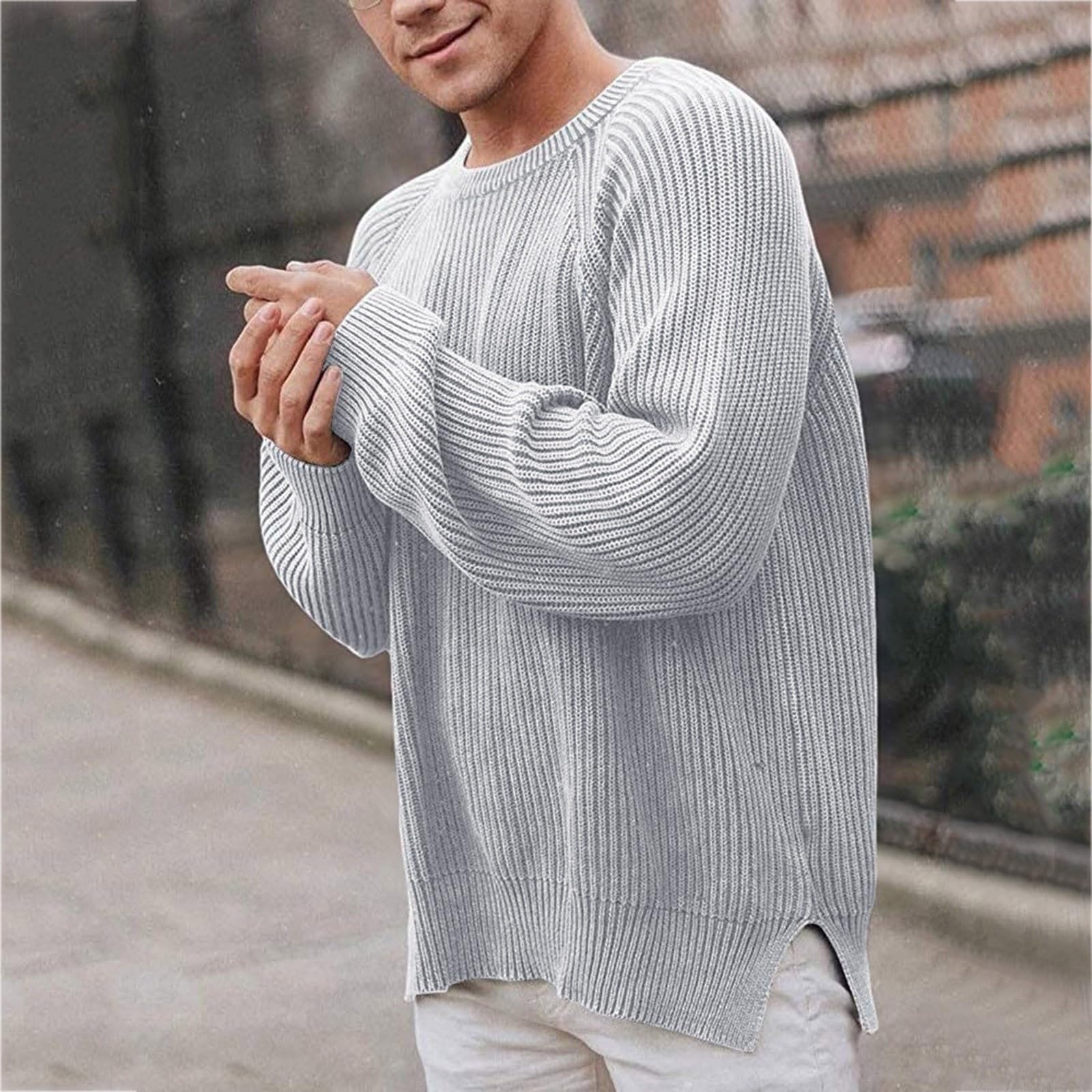 

Men s Solid-color Long-sleeved Round-neck Pullover, Knitted Sweater, Men s Striped Sweater XL светло-серый