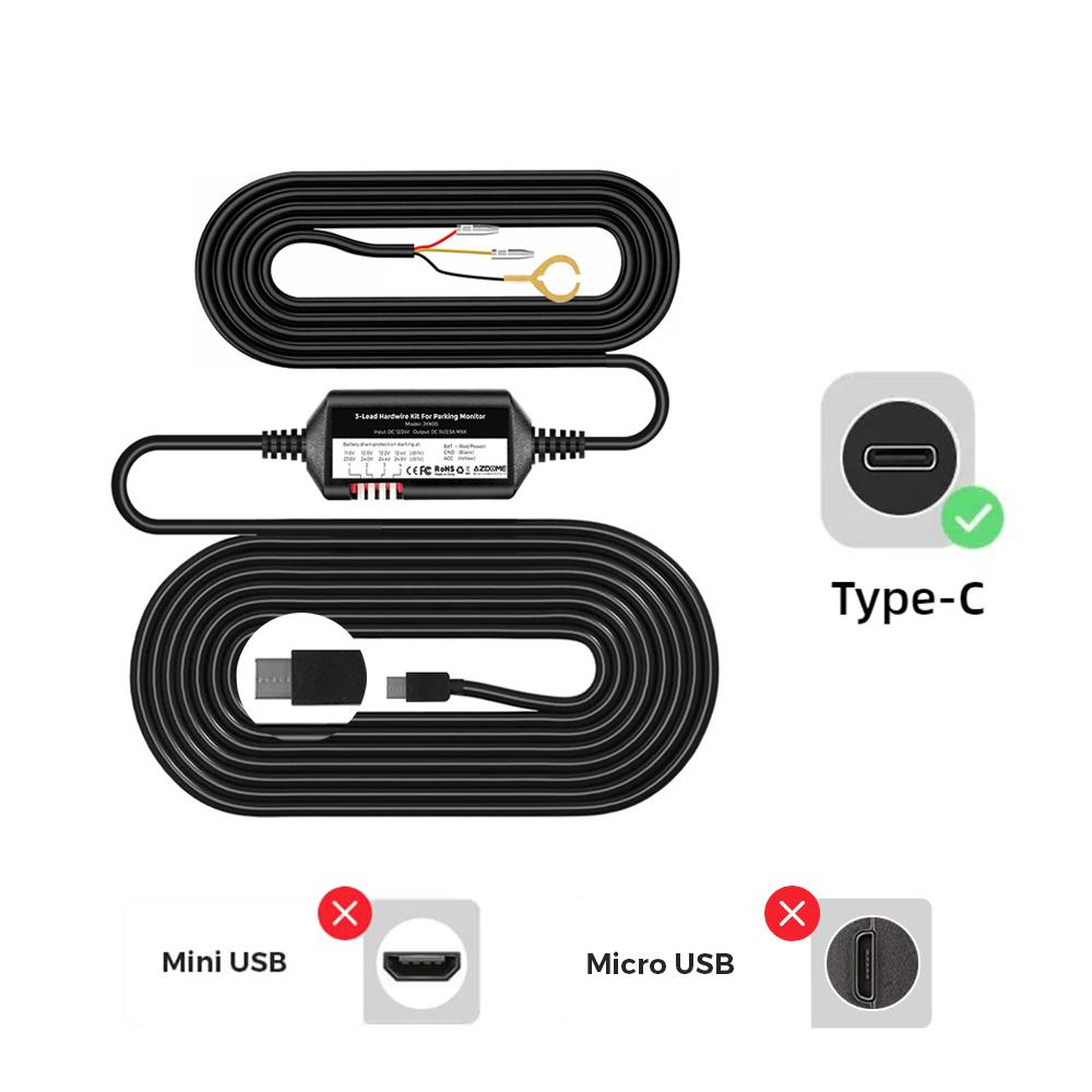 

3-проводной комплект проводов Acc для автомобильного видеорегистратора, 24-часовой монитор парковки, поддержка Mini USB, Micro USB Type-C, комплект проводов для видеорегистратора