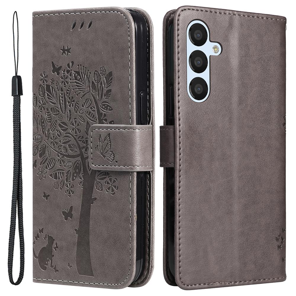 

For Samsung Galaxy S23 FE Phone Case with Stand Cat Tree Pattern Leather Wallet Mobile Cover Grey