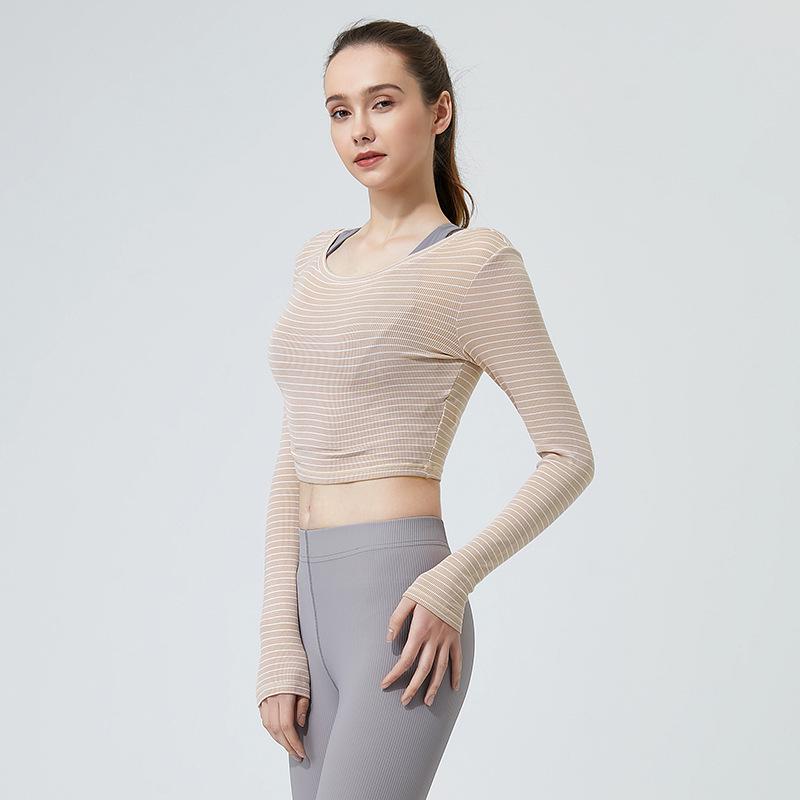 Women's Spring Striped Slimming Yoga Crop Top with Thumb Holes - Long Sleeve Fitness Shirt