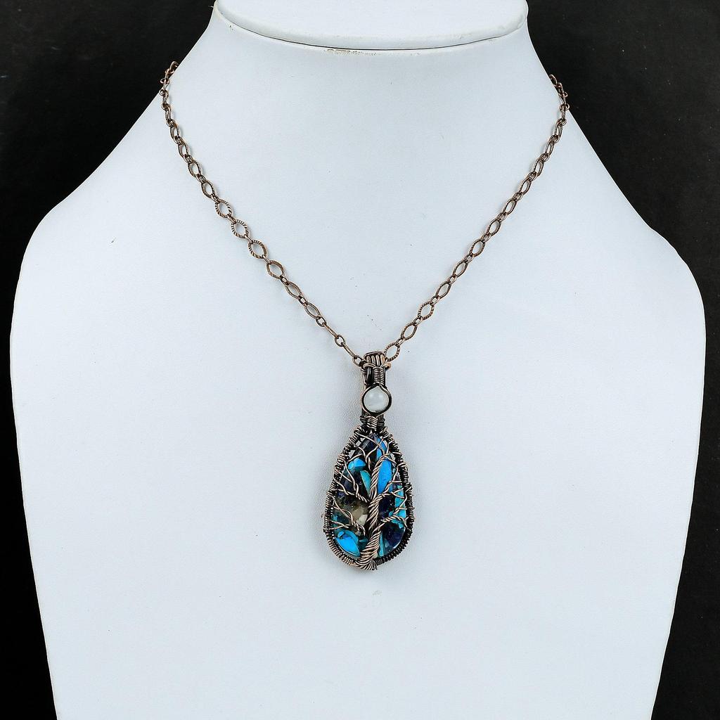 Tree Of Life Copper Blue Turquoise Pendant Copper Wire Wrapped Moonstone Pendant Handmade Women Jewelry Gemstone Copper Jewelry Gift For Her