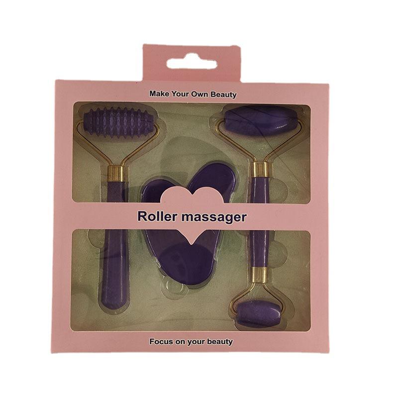 3-Piece Set: Imitation Jade & Rose Quartz Gua Sha Boards with Spiky Roller Facial Massager