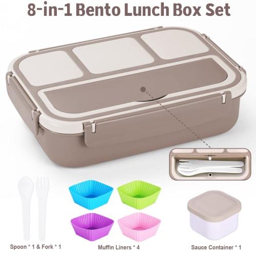 40 Oz/5 Cup Bento Box for Adults, Men and Women, 4 Compartments, Lunchable Food Containers, Sauce Jar, Muffin Liners, Microwave & Dishwasher Safe, Bro
