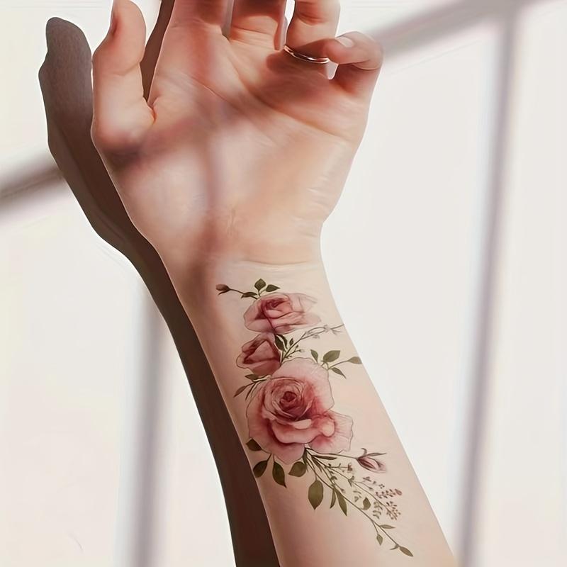 Tatuaj de flori de trandafir mare, tatuaj temporar de trandafir femeie, design de tatuaj de flori temporare de trandafir