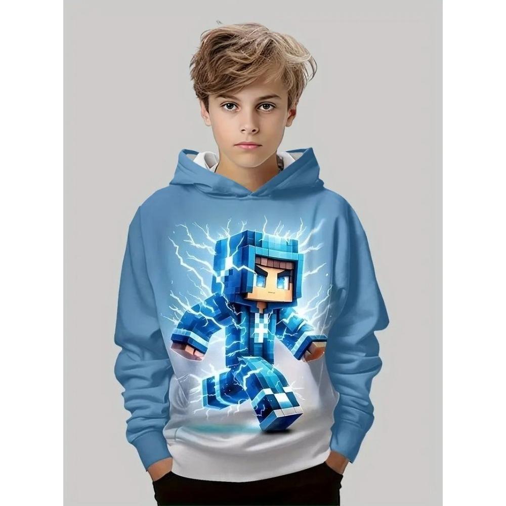Children's Cartoon Pixel Drawing 3D Digital Printing Boy's Personalized and Fashionable Hooded Sweatshirt