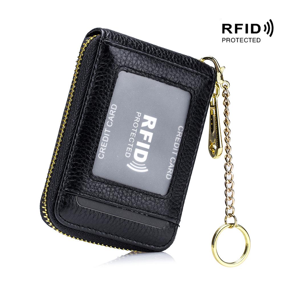 Exquisite RFID Genuine Leather Accordion Card Holder for Women and Men with Keychain