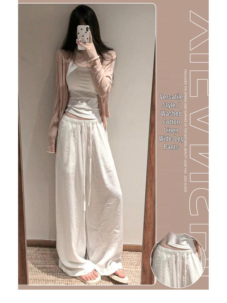 Women's White Linen High-Waisted Wide-Leg Pants - Spring Style, Drapey, Sun Protection, Cotton-Blend Casuals