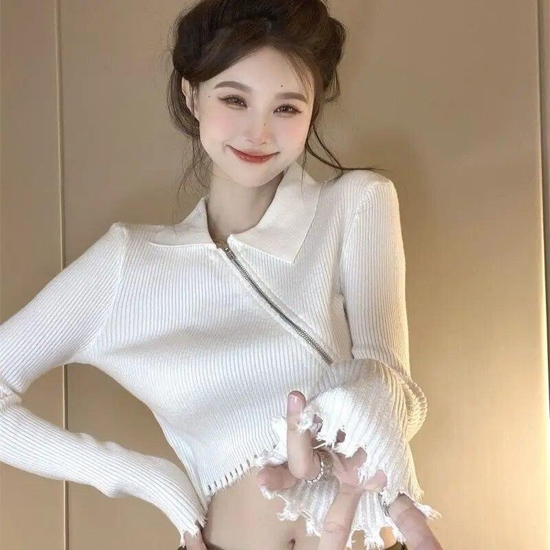 

Кардиган, свитер, сексуальный топ, женский весенне-осенний новый вязаный свитер с высокой талией для девочек, уникальный вязаный свитер нерегулярной формы, женский кардиган One Size белый