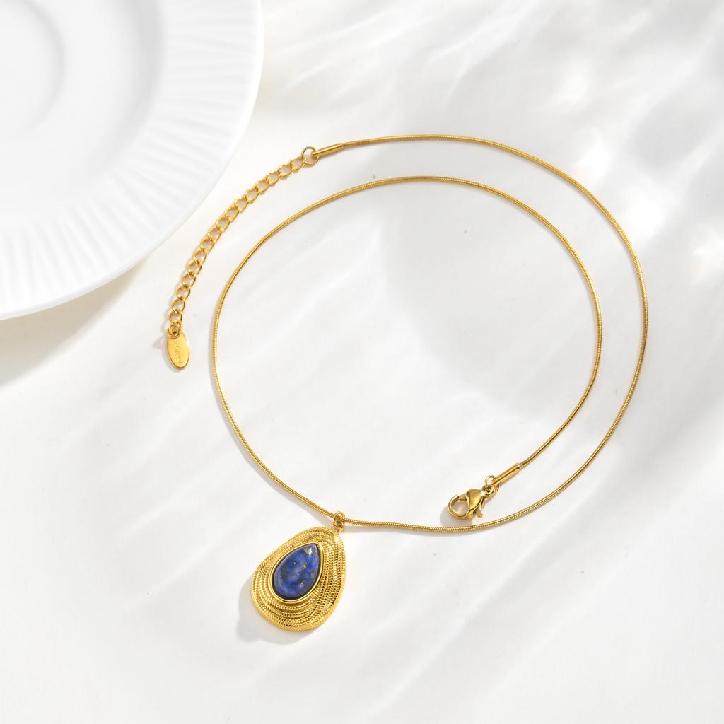 Natural Stone Necklace Stainless Steel 18K Gold Plated Geometric Tiger Eye Lapis Lazuli Pendant Women Vintage Jewelry