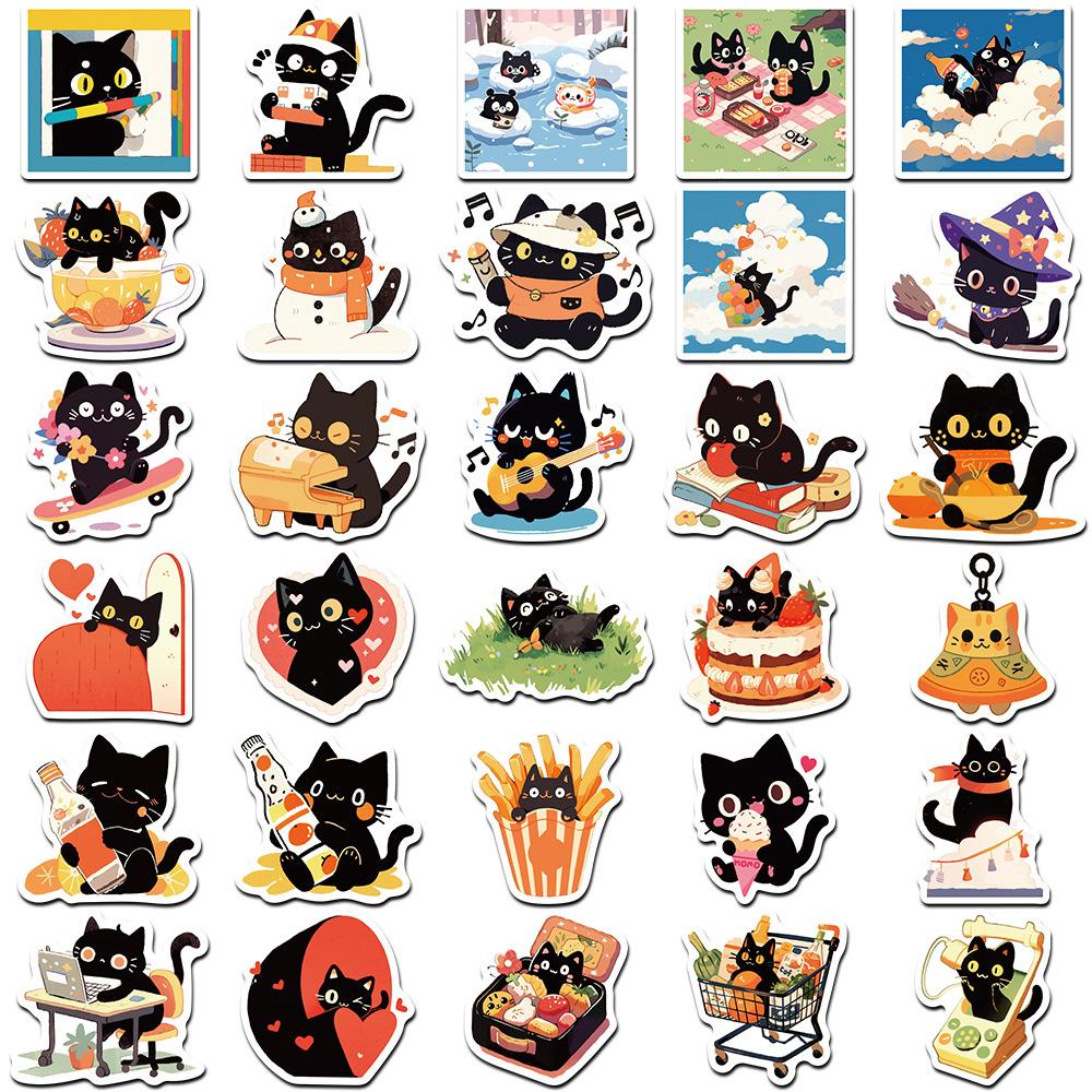 10/30/50pcs Cute Aesthetic Black Cat Stickers Cartoon Waterproof Decals DIY Guitar Laptop Kawaii Art Graffiti Sticker