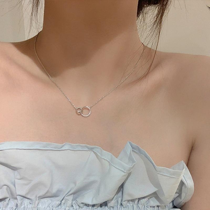 S925 sterling silver double ring necklace Korean version versatile commuter interlocking pendant simple high-end exquisite collarbone chain