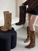2025 New Korean Version Niche Design Retro French Thick Heel Pointed Western Boots Suede Medium Boots Women's Boots