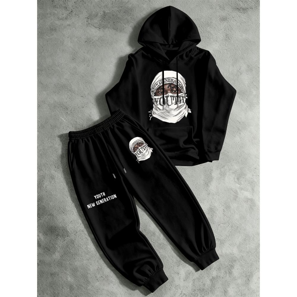 Men's Printed Hooded Sweatshirt and Pants Two Piece Set High Street Drawstring Sports Suit Soft and Skin Friendly Trendy Street Style