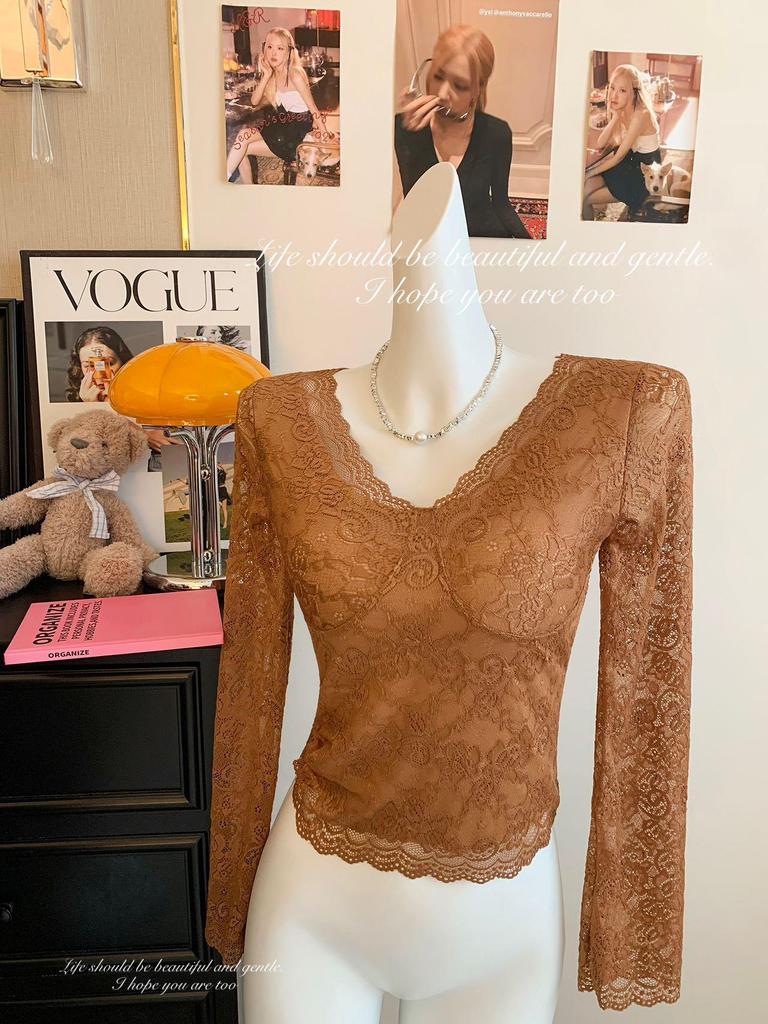 Lace Sexy V-neck Women's Long Sleeve T-shirt with Chest Pads