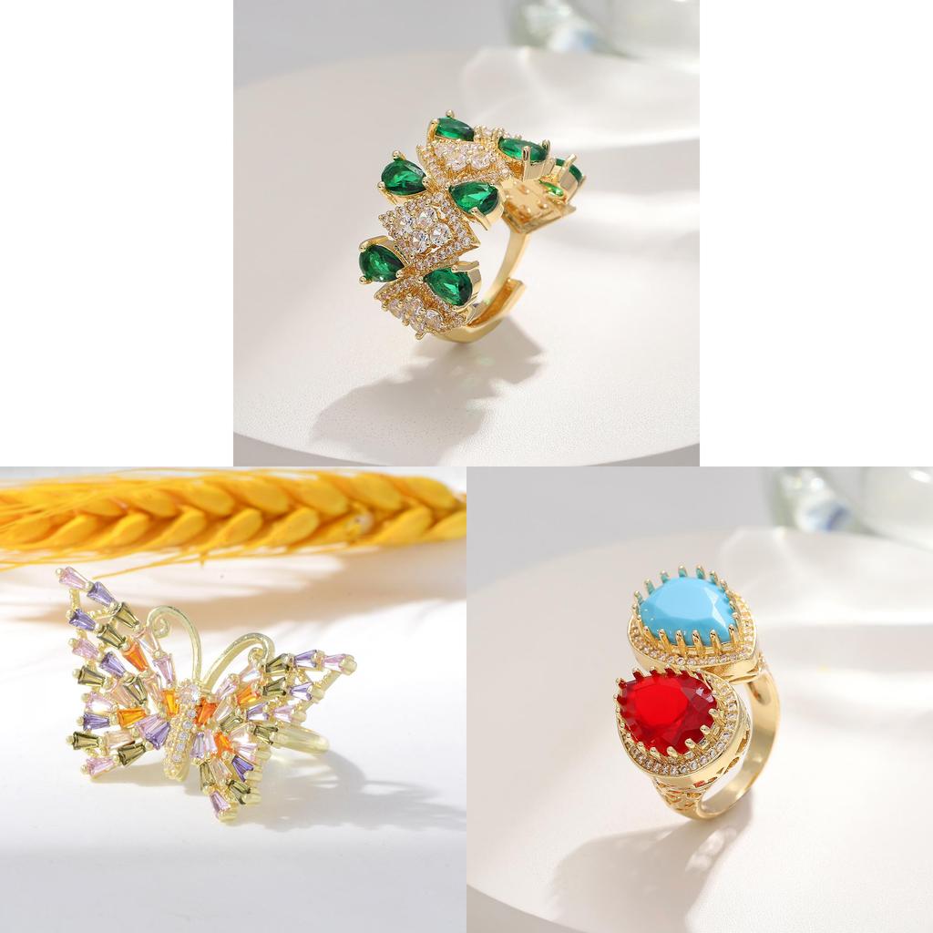 Copper Zircon Flower Open Ring For Women With Adjustable Size And Christmas Holiday Style