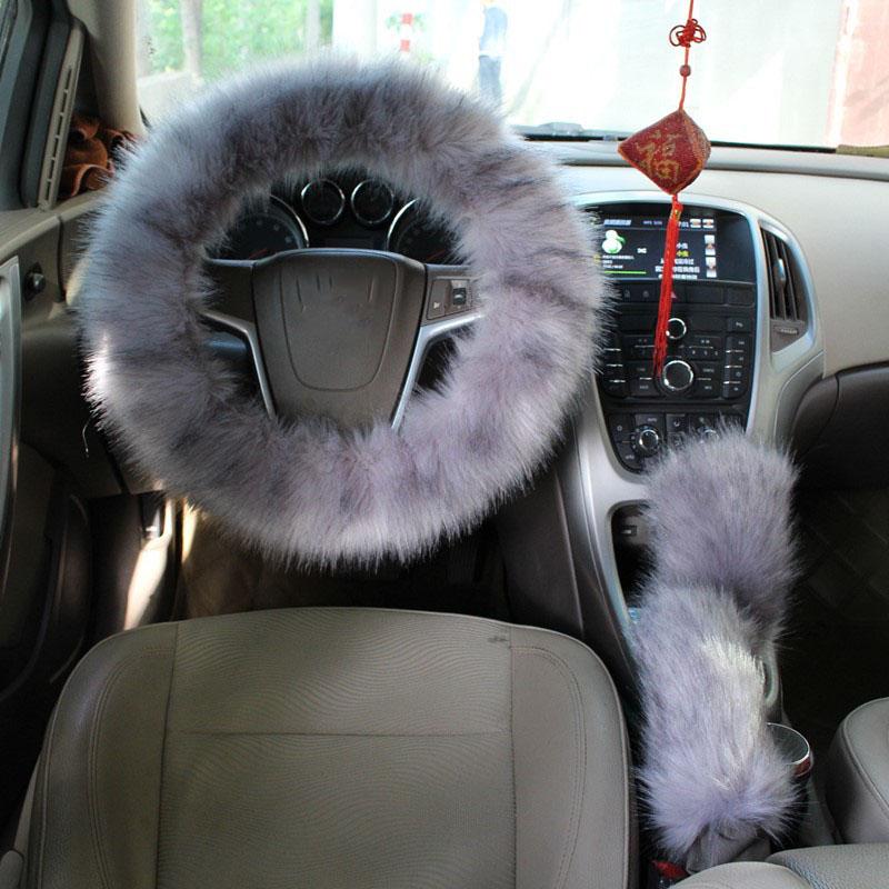 Car Steering Wheel Cover Gearshift Handbrake Cover Protector Decoration Warm Super Thick Plush Collar Soft Black Pink Women Man
