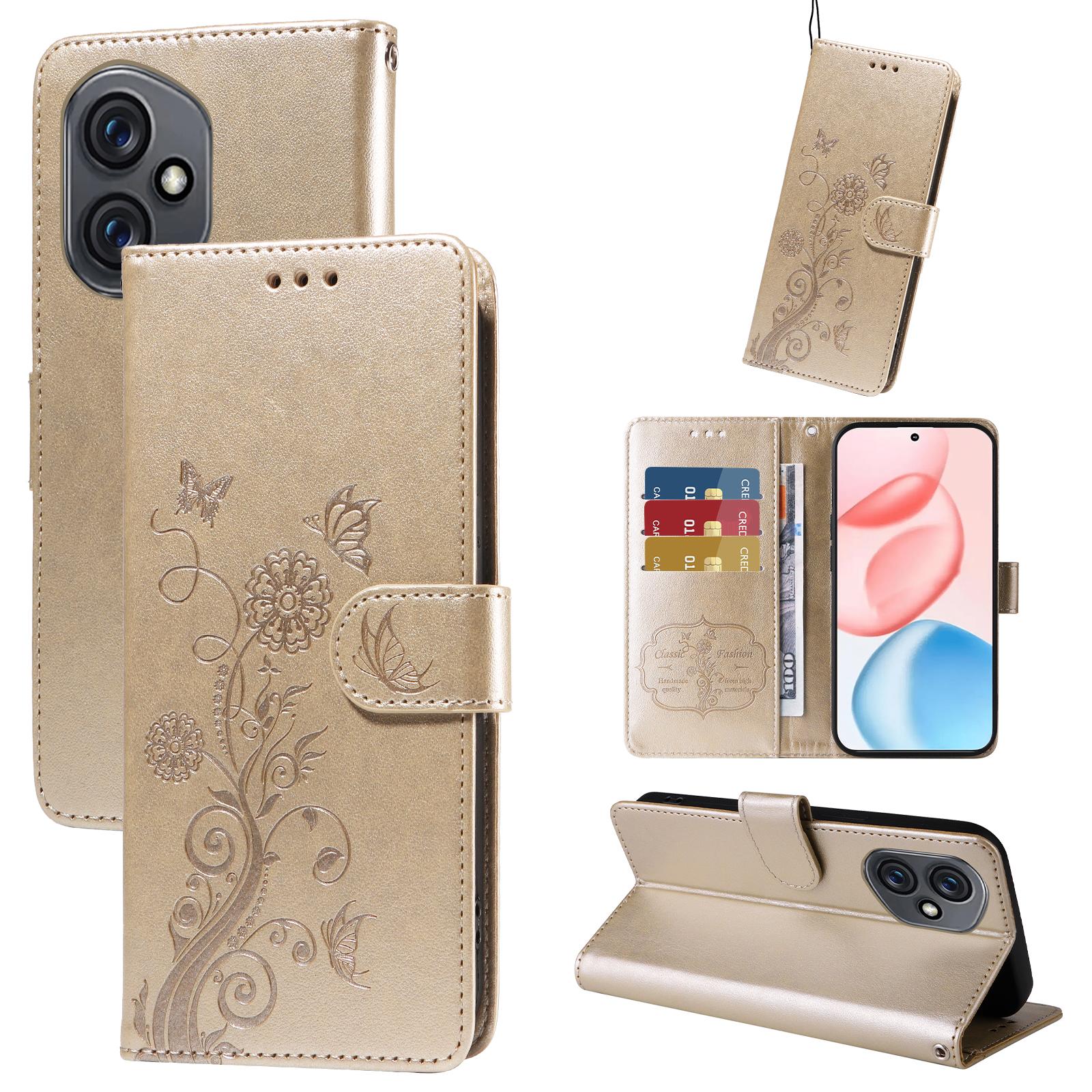 

For Honor 400 Leather Case Butterfly Floral Imprint Wallet Stand Cover Golden