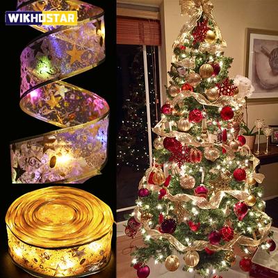 1/5M Decoración navideña Luces LED de cinta Adornos para árbol de Navidad Lazos de encaje DIY Cadena de luces Decoración navideña para el hogar Año Nuevo 2024
