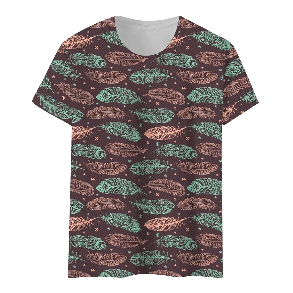 Women's Summer Feather Print Short Sleeve Round Neck Pullover T-shirt Top