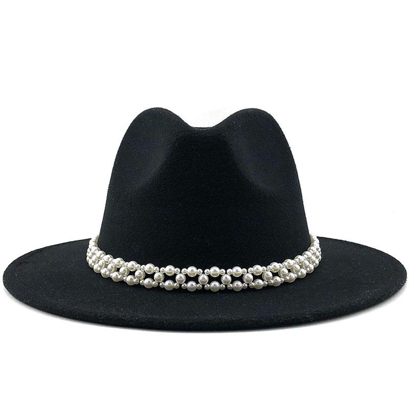 Woolen Hat Elegant Fashion Pearl Woolen Hat British Style Jazz Hat Big Brim Hat Women's Autumn and Winter Top Hat