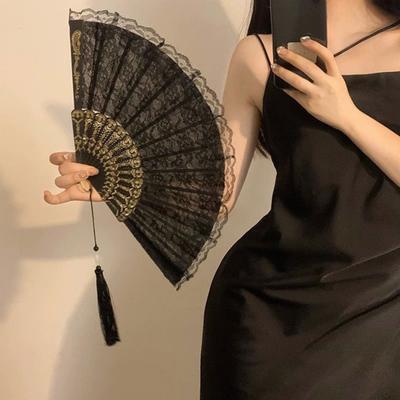 Vintage Lace Folding Fan with Tassel Portable Summer Lolita Black White Hand Held Fan Dance Performance Photo Props Party Costume Accessories Gift