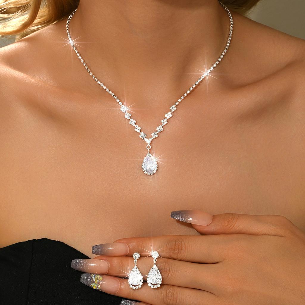 Brautschmuck Halskette Armband Set Strass Zirkon Hochzeitskleid Damen Hochzeitsaccessoires Premium Zweiteiliges Set