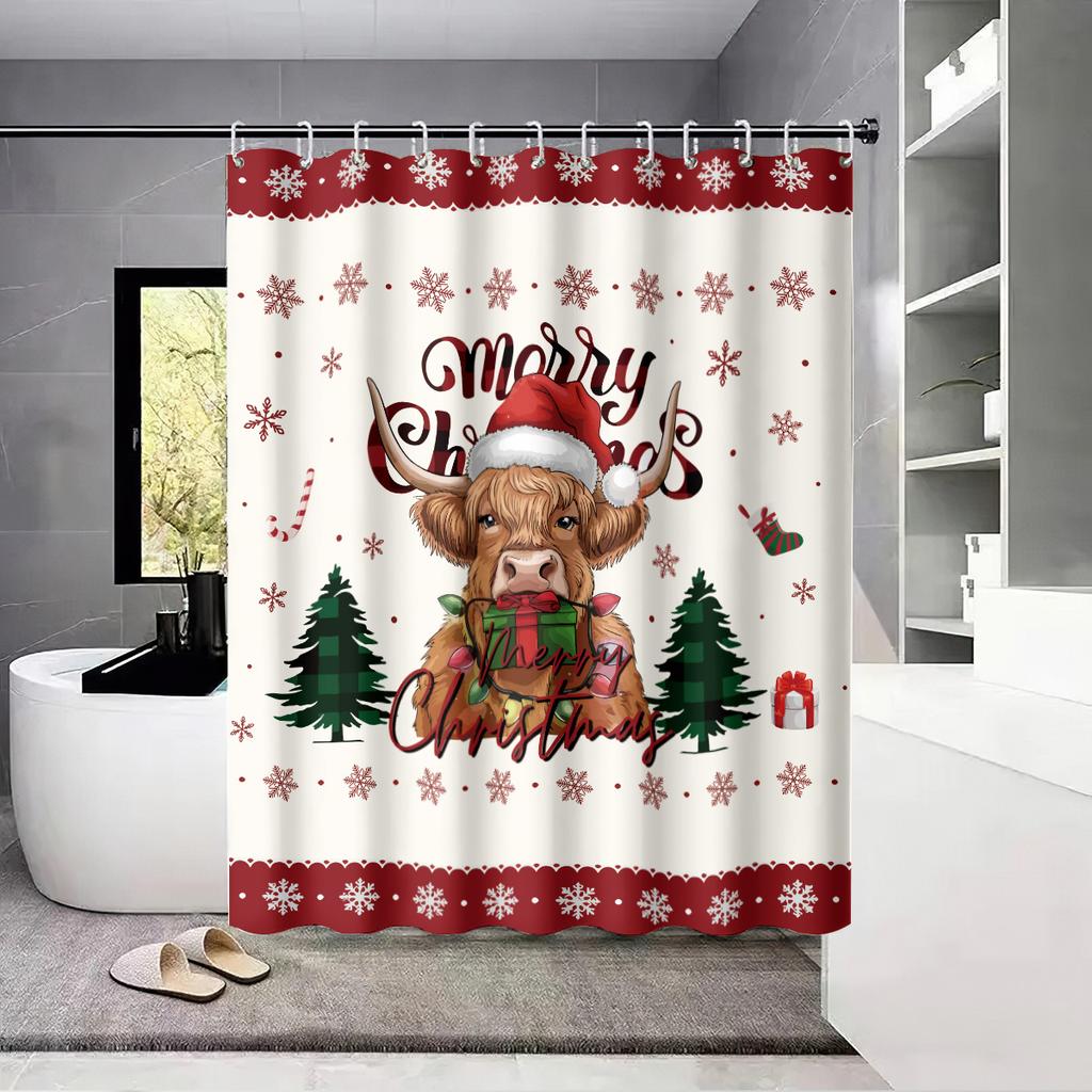 1pc Christmas Highland Cow Print Waterproof Shower Privacy Hanging Curtain with 12 Hooks, Multiple Sizes Machine Washable