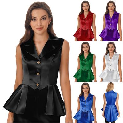 Damen viktorianische Weste Ärmellose Weste Jacke Oberteil asymmetrischer Rüschensaum Knopfleiste S-3XL Übergröße Gothic Steampunk Party Cosplay Kostüm