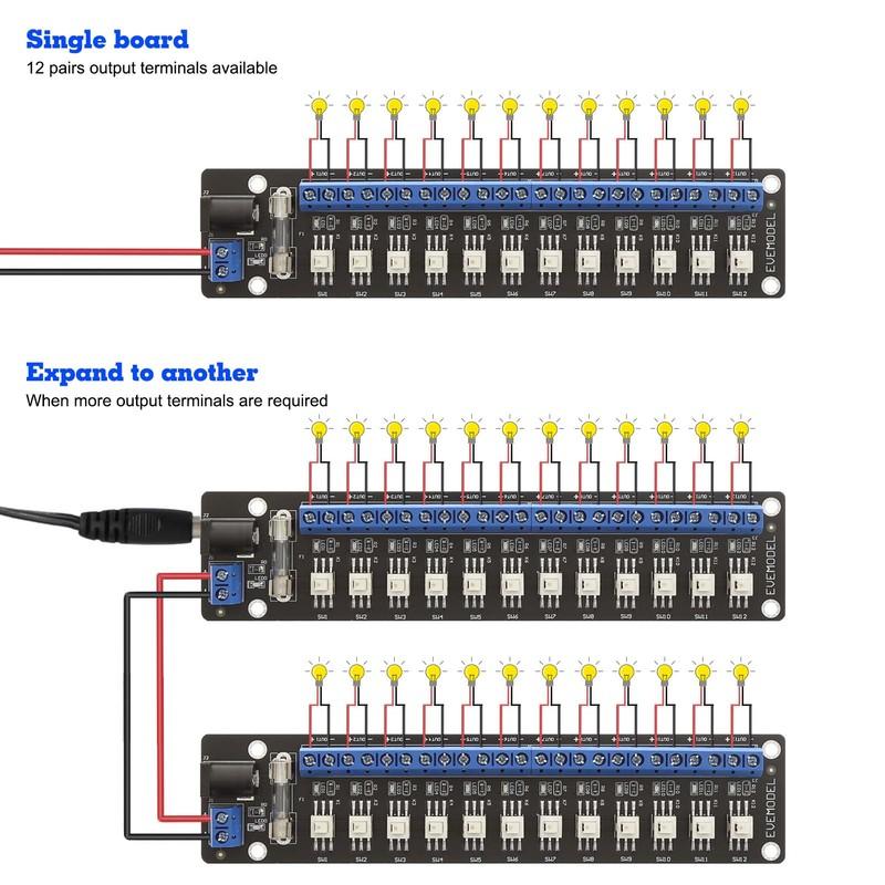 1 Unit Evemodel 3V-24V DC Power Distribution Module 12 Channel with Individual Switches PCB017
