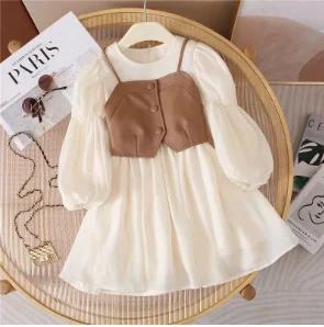 Spring Autumn Baby Suits Girl Vest Long Sleeve Dresses 2piece Kids Cute Princess Chiffon Dress 2 to10T S