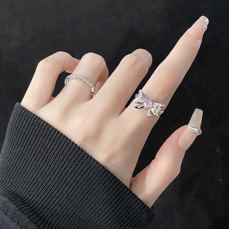 Niche Design Ring, Female Bow Opening, Diamond-Encrusted Zircon Pink, Girl'S Heart Index Finger Premium