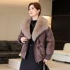 Women's Black Puffer Jacket with Large Gray Fur Collar Toggle Closure Warm Coat