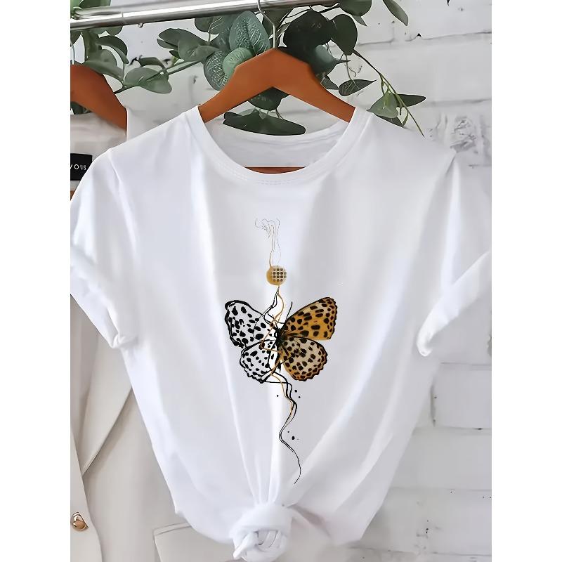 

Европейский размер Футболка с принтом бабочек, круглым вырезом, повседневная футболка с коротким рукавом для весны и лета, женская одежда больших размеров S белый