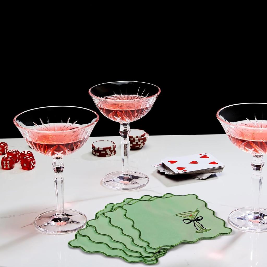 12 Pcs Martini Cocktail Napk Cloth Scalloped Embroidery a Tini Bit Older Party Supplies 6"x6" Washable Polyester Satin Cloth for Martini Cocktail