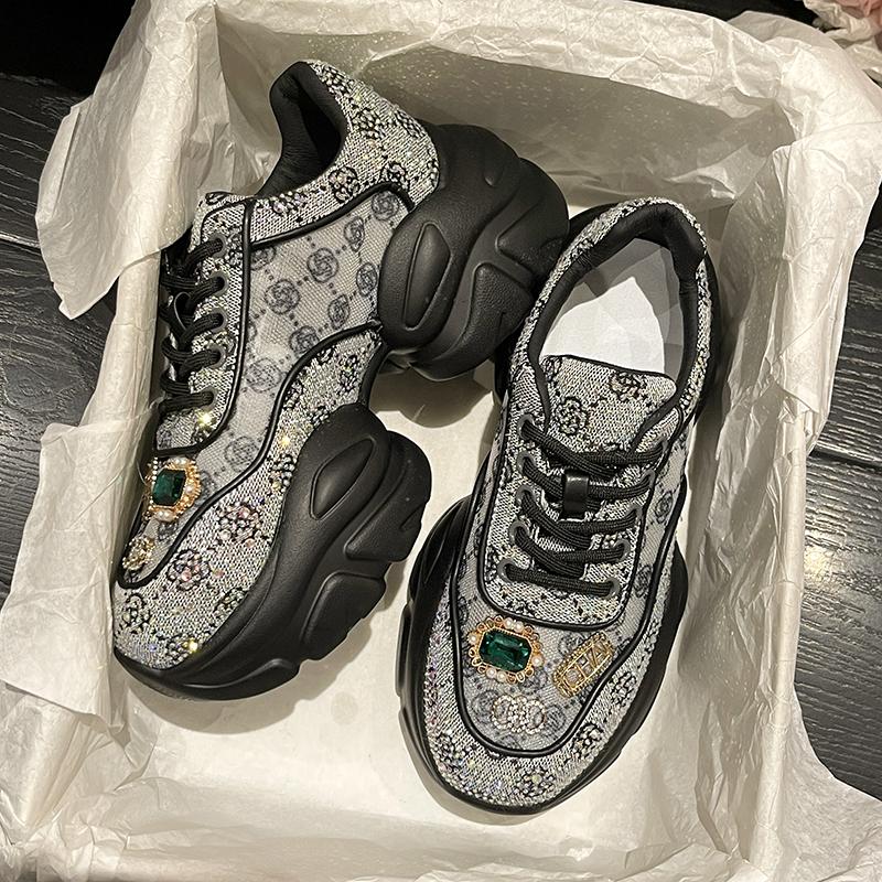 

Женская Роскошная Обувь Вулканизированные Кроссовки Блестящие Стразы Клинья Толстая Подошва Платформа Шнуровка Удобная Повседневная Обувь Для Женщин 40 чёрный