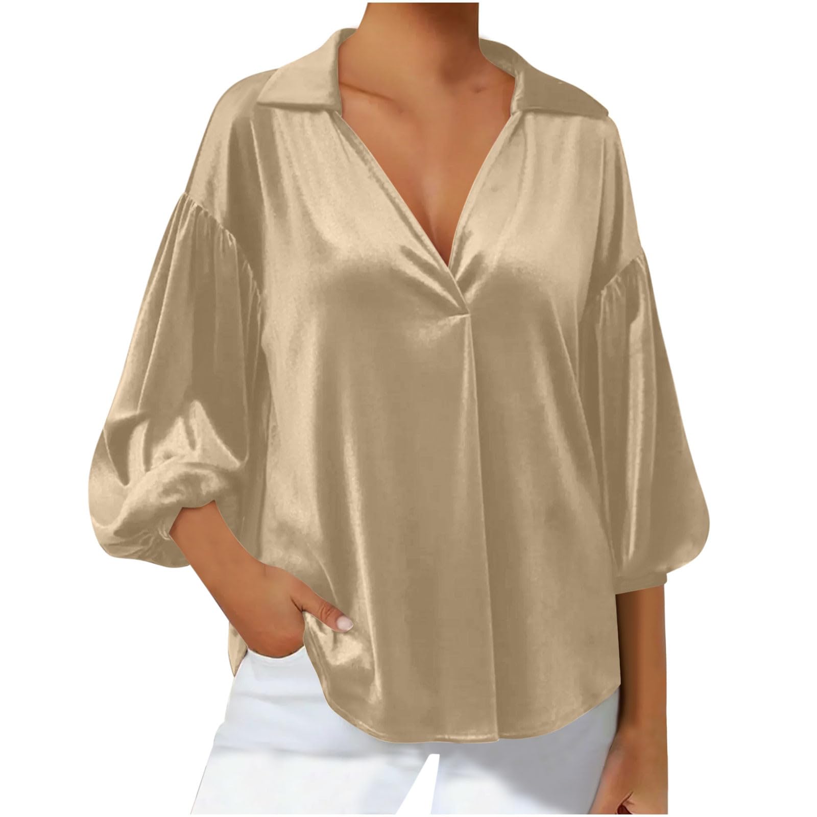 

Women s Ffashionable Color Seven Quarter Sleeve Sleeve Lapel Gold Velvet Loose Top L хакі